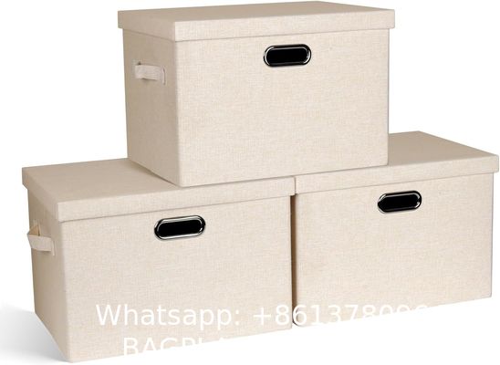 Linen Fabric, Metal Handles Collapsible Stackable Storage Bins With Lids, Packs White Linen Fabric Closet Boxes With Lids, Storage Cube Baskets Container Organizers For Bedroom Office