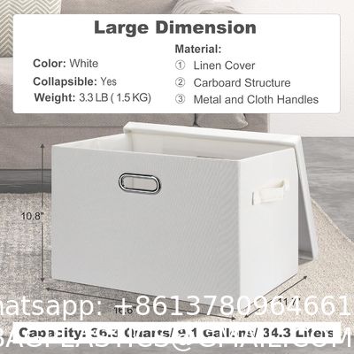 Linen Fabric, Metal Handles Collapsible Stackable Storage Bins With Lids, Packs White Linen Fabric Closet Boxes With Lids, Storage Cube Baskets Container Organizers For Bedroom Office
