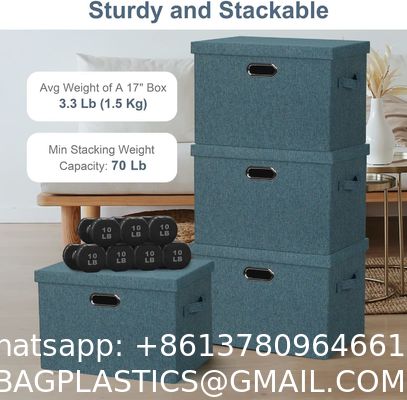 DURABLE DOUBLE-SIDED HANDLES Linen Foldable Storage Bins With Lids, 2 Pack, Storage Boxes With Carrying Handles And Sturdy Heavy Cardboard