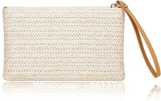 Womens Straw Clutch Bag Bohemian Summer Beach Straw Purse Zipper Wristlet Wallets For Women Clutch Makeup Bag with Zipper Durable Logo Pattern Flat Bag for Outdoor Activities
