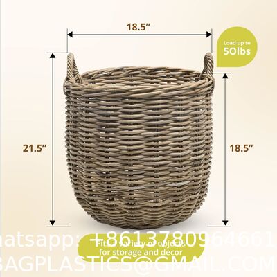 Rattan Kobo Round Storage Basket, Handwoven Rattan Basket With Handles, Organization & Home Decor For Storage, Gray-Brown