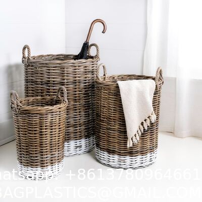 Rattan Kobo Round Storage Basket, Handwoven Rattan Basket With Handles, Organization & Home Decor For Storage, Gray-Brown