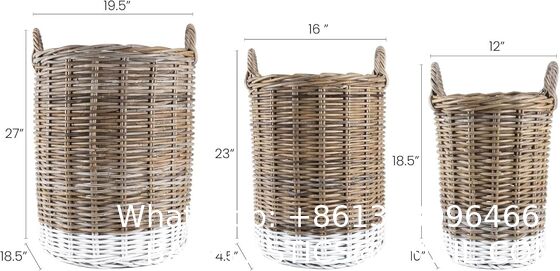 Hand-Woven Rattan Nesting Wicker Storage Baskets W/ Wheels And Handles, Seagrass Container For Decoration In Bedroom, Laundry Room,White Wash/Kubu Gray