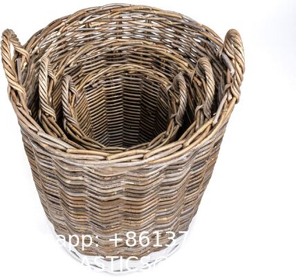 Hand-Woven Rattan Nesting Wicker Storage Baskets W/ Wheels And Handles, Seagrass Container For Decoration In Bedroom, Laundry Room,White Wash/Kubu Gray