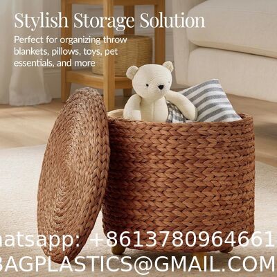 Tall Water Hyacinth Wicker Basket with Handles | Natural, Brown, Natural Bathroom Trash Can Boho Style - Wicker Trash Can With Lid For Household, Kitchen - Removable Liner, Iron Frame