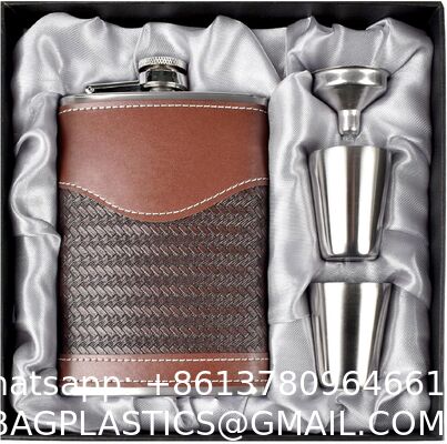 Stainless Steel Flask Set W/Funnel Shot Glasses Lovely Gift For Whiskey Rum Groomsman Best Man Usher Wedding Camping-Leather Stripe Black8oz
