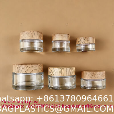 Glass Jars With Lids Clear Small Jars With Plastic Woodgrain Lids, White Labels And Inner Liners Empty Round Cosmetic Containers For Creams Lotions Candle Making (Clear)