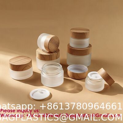 Glass Jars With Lids Clear Small Jars With Plastic Woodgrain Lids, White Labels And Inner Liners Empty Round Cosmetic Containers For Creams Lotions Candle Making (Clear)