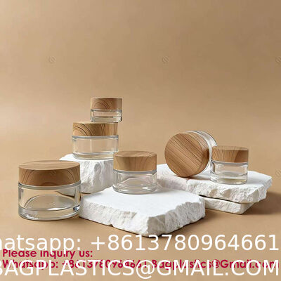 Glass Jars With Lids Clear Small Jars With Plastic Woodgrain Lids, White Labels And Inner Liners Empty Round Cosmetic Containers For Creams Lotions Candle Making (Clear)