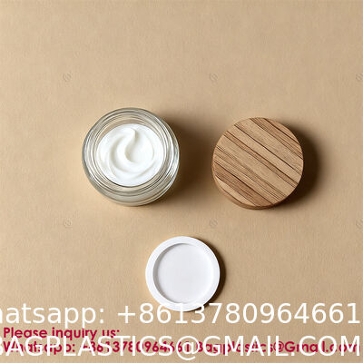 Glass Jars With Lids Clear Small Jars With Plastic Woodgrain Lids, White Labels And Inner Liners Empty Round Cosmetic Containers For Creams Lotions Candle Making (Clear)