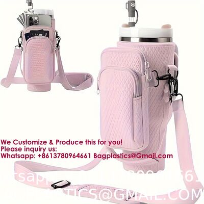 Water Bottle Carrier Bag With Phone Pocket For Stanley 40 & 30 Oz Tumbler With Handle,Pink Insulated Neoprene Cup