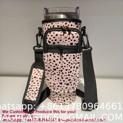 Water Bottle Carrier Bag With Phone Pocket For Stanley 40 & 30 Oz Tumbler With Handle,Pink Insulated Neoprene Cup