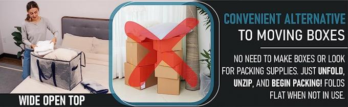 Convenient alternative to moving boxes. Cardboard boxes crossed out. Woman putting towels in bag.