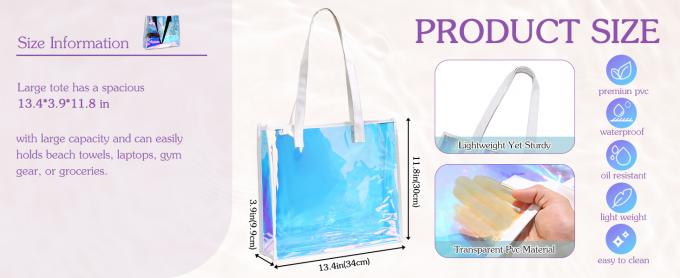 کیف دستی شفاف هولوگرافیک با دسته چرمی کیف های ساحلی رنگین کمانی کیف شانه ای برای زنان مهمانی استخر تابستانی 0