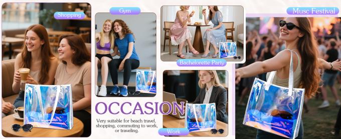 کیف دستی شفاف هولوگرافیک با دسته چرمی کیف های ساحلی رنگین کمانی کیف شانه ای برای زنان مهمانی استخر تابستانی 1