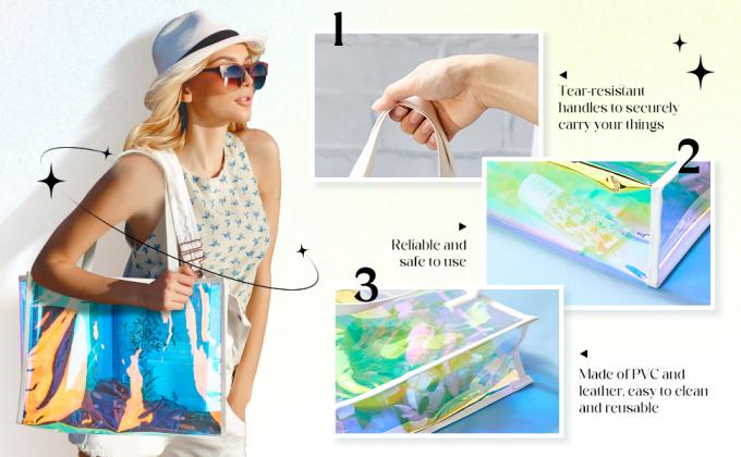 Recycled Recyclable Hot Sale Customized Logo and Size Clear Transparent Holographic PVC Gift Iridescent Tote Bag Hologram TPU Laser Shopping Handle Bag 1