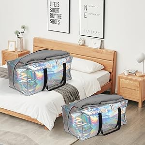 Heavy Duty Moving Bags 24-Gallon Extra Large Waterproof Foldable Clothing Storage Totes Bags With Zipper,Reinforced Handles,Packing Moving Boxes For Dorm & Seasonal Storage,Iridescent 1