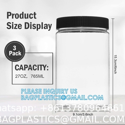 27 Ounce Plastic Jars With Lids, 3 Pack Food Storage Containers Airtight, Clear Containers For Organizing