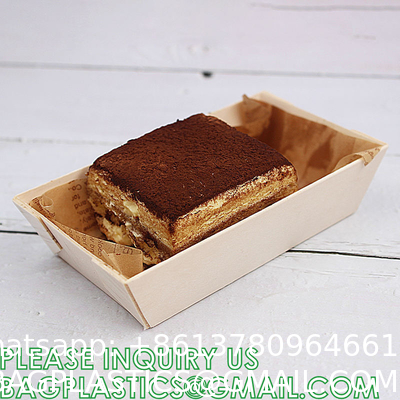 Wooden Food Packaging Box Cake Dessert Container With Plastic Cover, Take Out Pastry Cake Lunch Sushi Tray