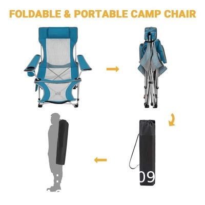 Portable Folding Adjustable Reclining Leisure Mesh Camping Chair With Removable Footrest, Foam Pillow, Cup Holder