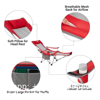 Portable Folding Adjustable Reclining Leisure Mesh Camping Chair With Removable Footrest, Foam Pillow, Cup Holder