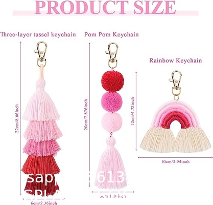 Boho Macrame Keychains Pom Pom Tassel Rainbow Keychains Cute Colorful Tassel Keychain Purse Charms for Handbags