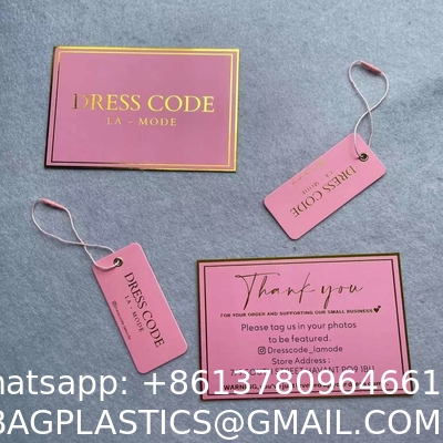 Gold Foil Printed Hangtag High Quality Custom Paper Brand Apparel Product Tags, Logo Pink Tag String Clothing Hangtag