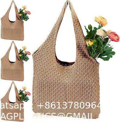 Luxury Large Summer Beach Personalized Custom PU Leather Trim Crochet Raffia Straw Tote Bag Handbag Manufacturers For Women