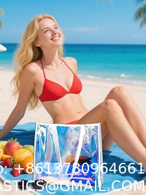 کیف دستی شفاف هولوگرافیک با دسته چرمی کیف های ساحلی رنگین کمانی کیف شانه ای برای زنان مهمانی استخر تابستانی