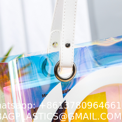 Holographic Clear Tote Bag With Leather Handle Iridescent Beach Totes Shoulder Handbag For Women Summer Pool Party
