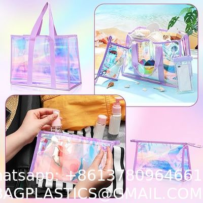 Recycled Recyclable Hot Sale Customized Logo and Size Clear Transparent Holographic PVC Gift Iridescent Tote Bag Hologram TPU Laser Shopping Handle Bag