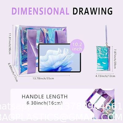 Holographic Iridescent Tote Bag Clear Travel Beach Bag Iridescent Shoulder Bag with Phone Pouch Waterproof Travel Tote for Women Work, Travel, Gym, Beach and Pool