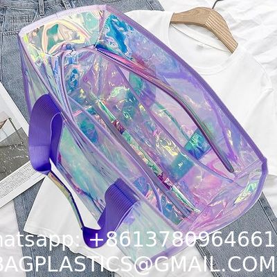 Holographic Iridescent Tote Bag Clear Travel Beach Bag Iridescent Shoulder Bag with Phone Pouch Waterproof Travel Tote for Women Work, Travel, Gym, Beach and Pool