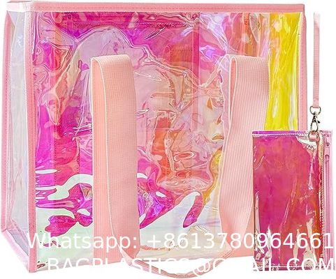 Holographic Iridescent Tote Bag Clear Travel Beach Bag Iridescent Shoulder Bag with Phone Pouch Waterproof Travel Tote for Women Work, Travel, Gym, Beach and Pool