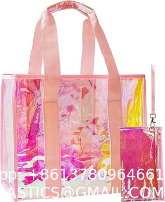 Holographic Iridescent Tote Bag Clear Travel Beach Bag Iridescent Shoulder Bag with Phone Pouch Waterproof Travel Tote for Women Work, Travel, Gym, Beach and Pool