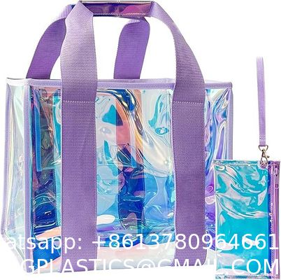 Holographic Iridescent Tote Bag Clear Travel Beach Bag Iridescent Shoulder Bag with Phone Pouch Waterproof Travel Tote for Women Work, Travel, Gym, Beach and Pool