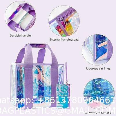 Holographic Iridescent Tote Bag Clear Travel Beach Bag Iridescent Shoulder Bag with Phone Pouch Waterproof Travel Tote for Women Work, Travel, Gym, Beach and Pool