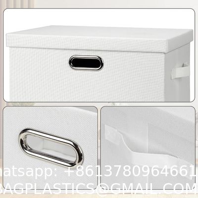Linen Fabric, Metal Handles Collapsible Stackable Storage Bins With Lids, Packs White Linen Fabric Closet Boxes With Lids, Storage Cube Baskets Container Organizers For Bedroom Office
