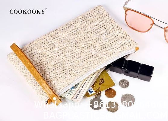 Womens Straw Clutch Bag Bohemian Summer Beach Straw Purse Zipper Wristlet Wallets For Women Clutch Makeup Bag with Zipper Durable Logo Pattern Flat Bag for Outdoor Activities
