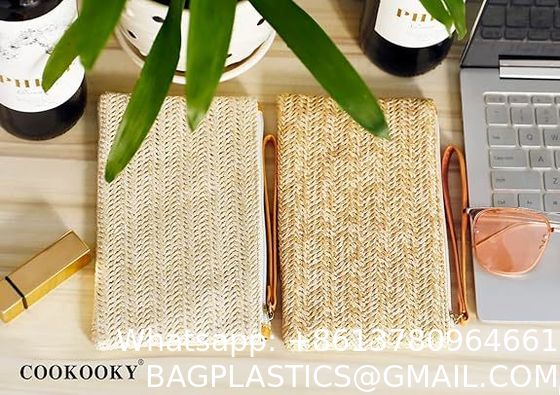 Womens Straw Clutch Bag Bohemian Summer Beach Straw Purse Zipper Wristlet Wallets For Women Clutch Makeup Bag with Zipper Durable Logo Pattern Flat Bag for Outdoor Activities