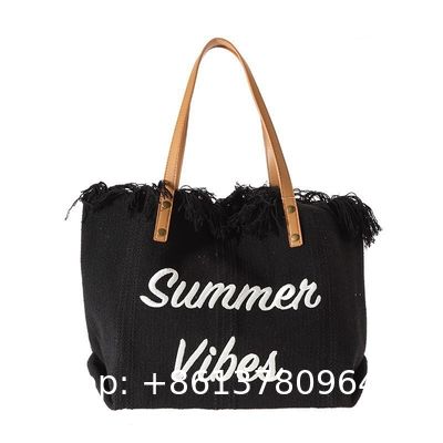 Korean Style Bag Large Capacity Canvas Bag Embroidered Letter Tote Bag Handbag Fashionable Woven Tassel Shoulder Bag
