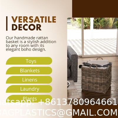 Large Square Rattan Basket, Handmade, Living Room, Blankets, Toy Bin, Extra Storage, Decorative Storage, Laundry Basket, Linens, Gray & Brown, Large