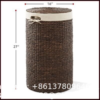Round Laundry Hamper With Lid And Removable Liner Bag - Natural, Woven Water Hyacinth Wicker Laundry Basket For Clothes And Towels