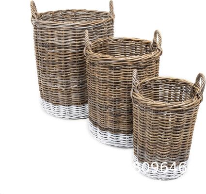 Rattan Kobo Round Storage Basket, Handwoven Rattan Basket With Handles, Organization & Home Decor For Storage, Gray-Brown