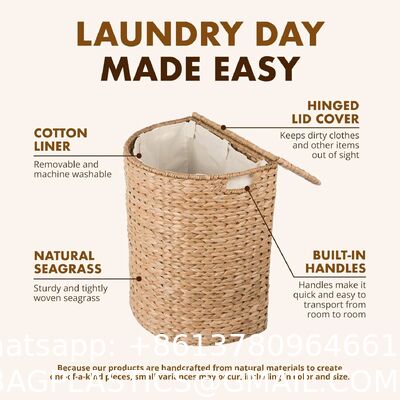 Wicker Waste Basket - Water Hyacinth Bathroom Garbage Can With A Lid - Bathroom Trash Can Boho Style - Wicker Trash Can With Lid For Household, Kitchen - Removable Liner, Iron Frame