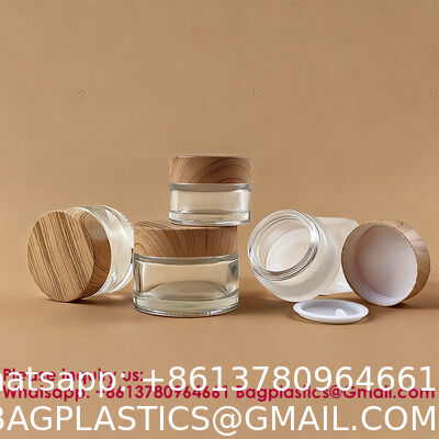 Glass Jars With Lids Clear Small Jars With Plastic Woodgrain Lids, White Labels And Inner Liners Empty Round Cosmetic Containers For Creams Lotions Candle Making (Clear)