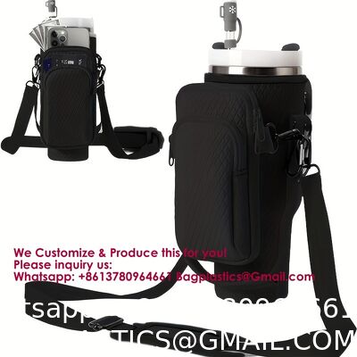 Water Bottle Carrier Bag With Phone Pocket For Stanley 40 & 30 Oz Tumbler With Handle,Pink Insulated Neoprene Cup